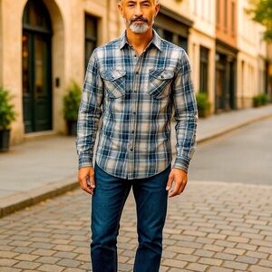 No Boundaries Men’s Shirt 34/36 S Long Sleeve Snap Up Brown/Blue Plaid Fitted